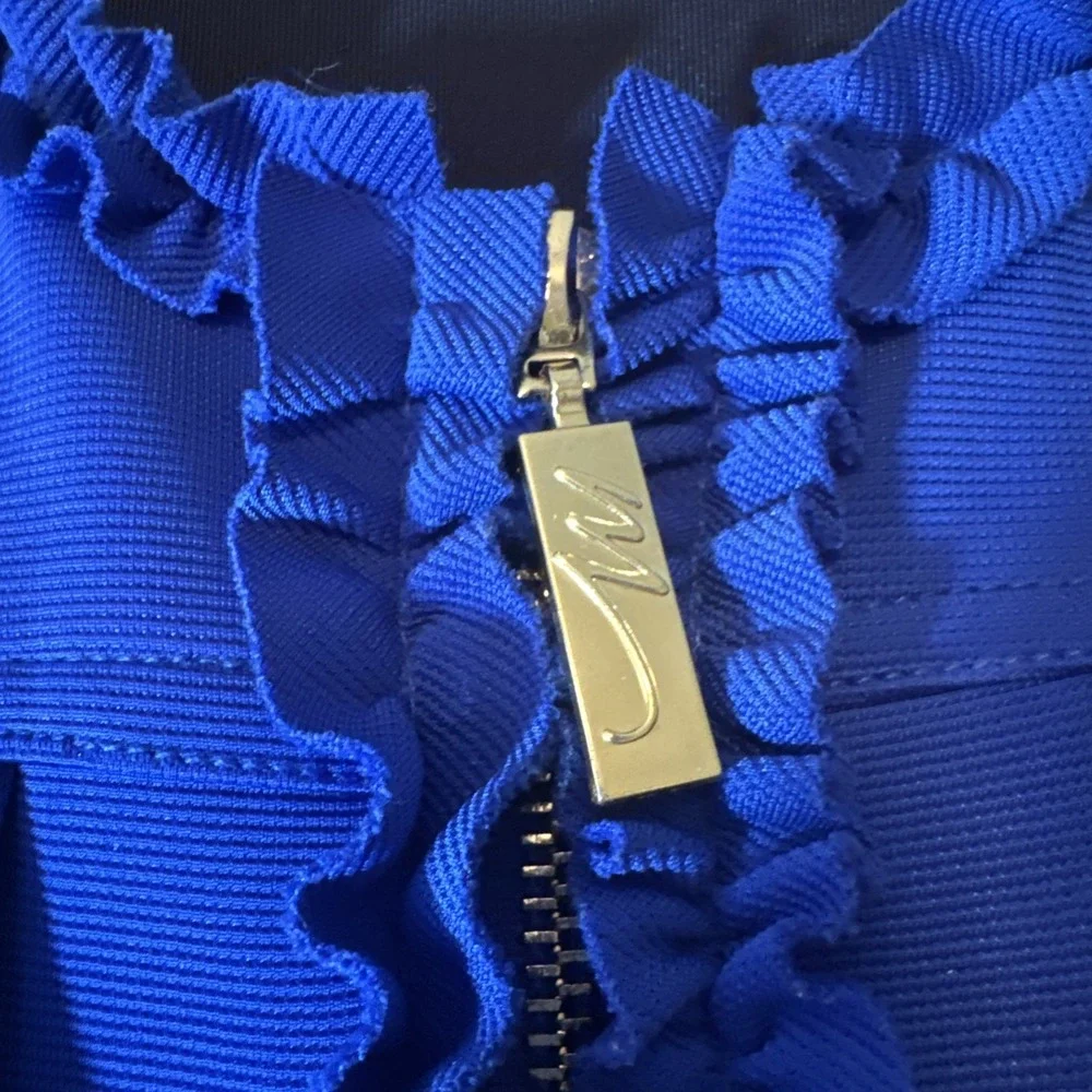 Midnight Velvet‎ Brand Blue Ruffled Jacket Gold Accents Pockets Women's Size 12 - Picture 2 of 10